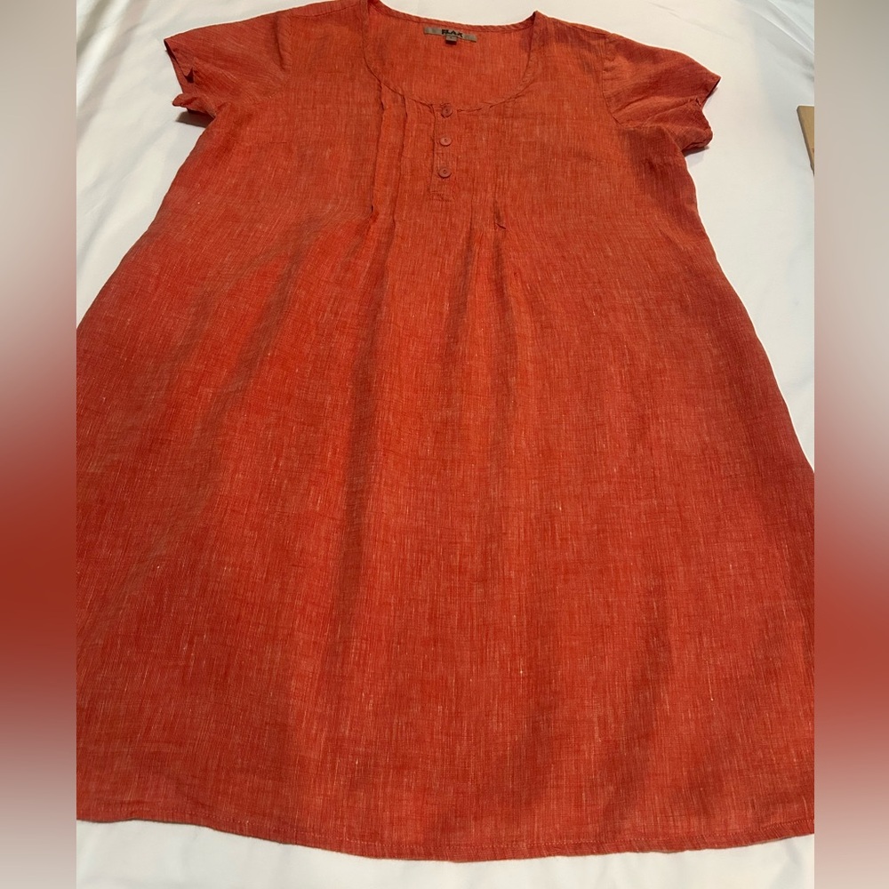 Flax 100% Linen Short Sleeve Dress  Orange size L